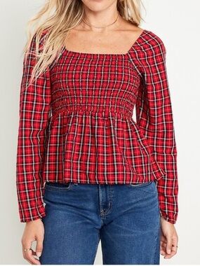 Old Navy Sleeve Classic Red Tartan Long Sleeve Smocked Seersucker Top Womens XXL